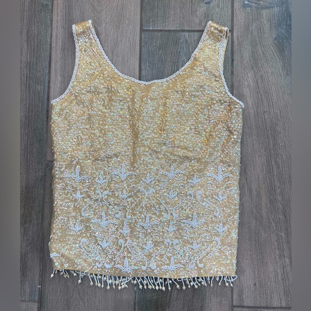 Vtg Hand Full Fashion Hand Beaded 100% Virgin Wool Ivory Party Sleeveless Top S